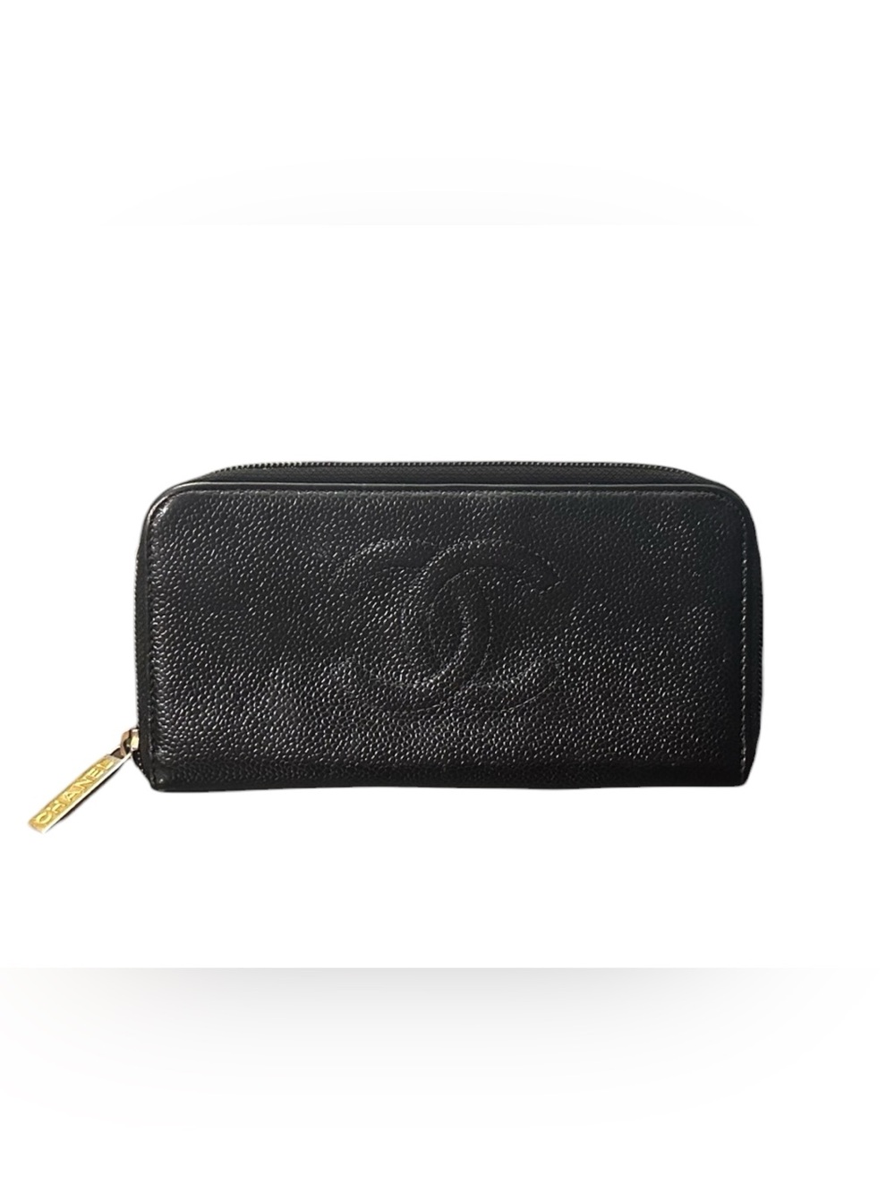CHANEL Black Caviar Leather Zip Around Long Wallet With Quilted CC Logo